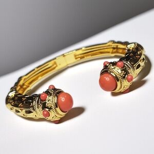 Byzantine Filigree Coral Cabochon Hinged Bracelet